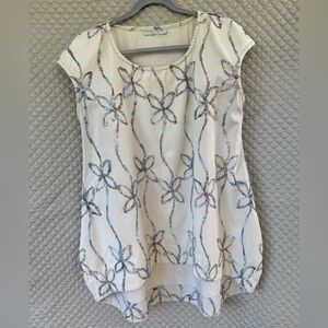 Bryn Walker Cotton  Cap Sleeve Embroidered Floral Tunic High Low Top M Beige